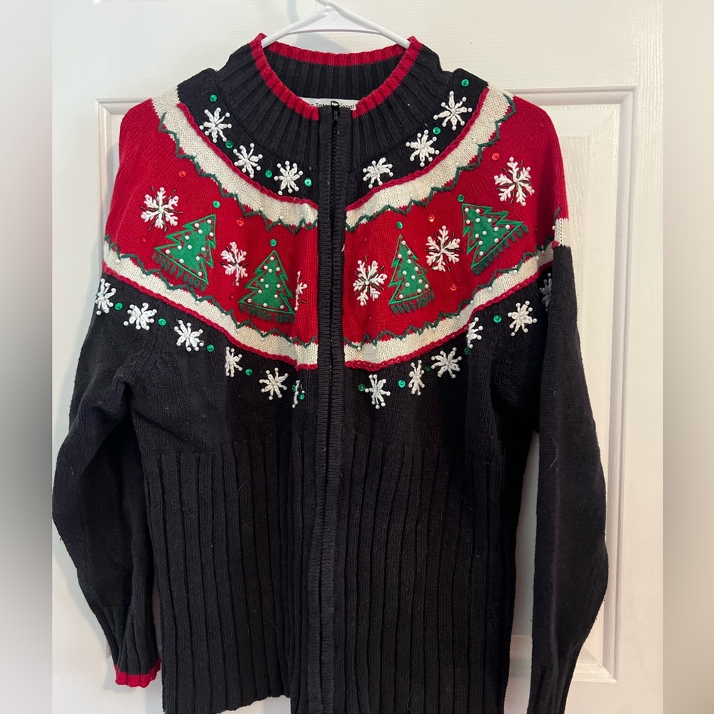Vintage ladies knit sequin embellished red green beaded Christmas sweater Sz L